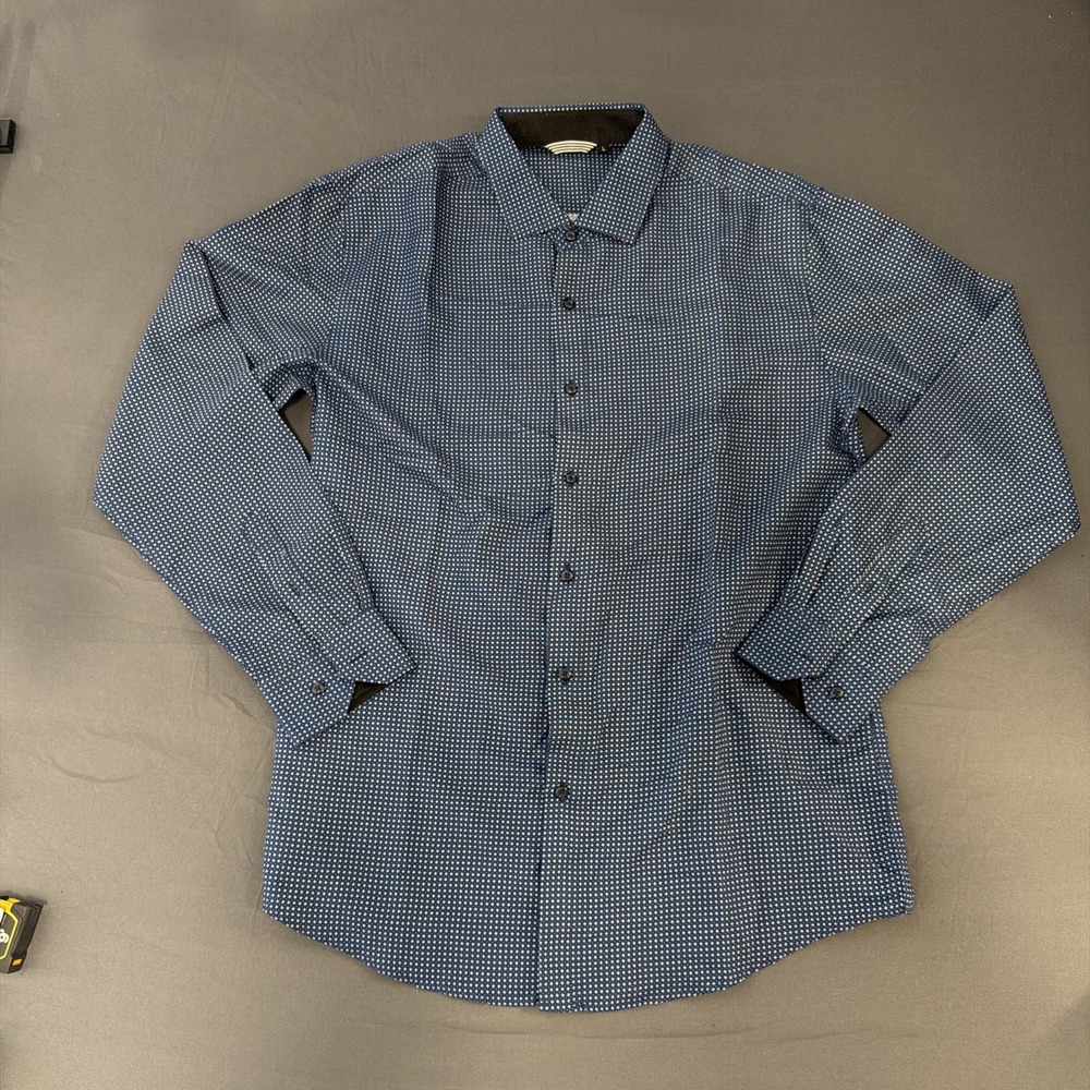 blue and white micro-check button-up shirt